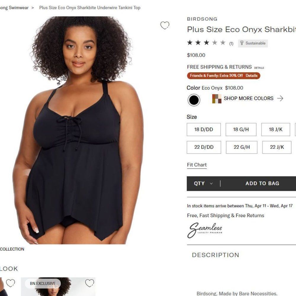 Birdsong Plus Size 20W Black Eco Onyx Sharkbite Underwire Tankini Swim Top Plus - Picture 2 of 13